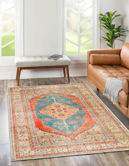 Distressed Louvre Rustic Blue Rug in a brightness living room