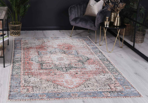 Distressed Vintage Cezanne Terracotta Blue Washable Rug