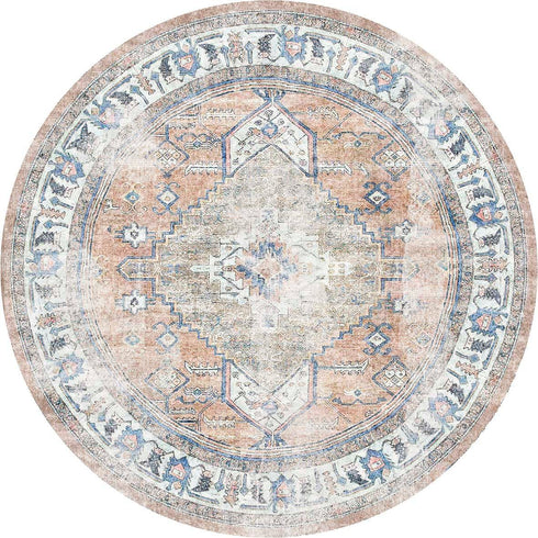 Pissarro Terracotta Blue Round Washable Rug