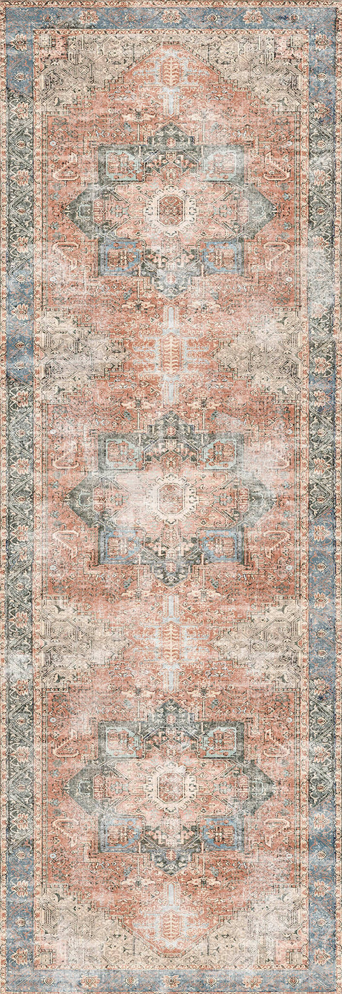 Distressed Vintage Cezanne Terracotta Blue Washable Rug