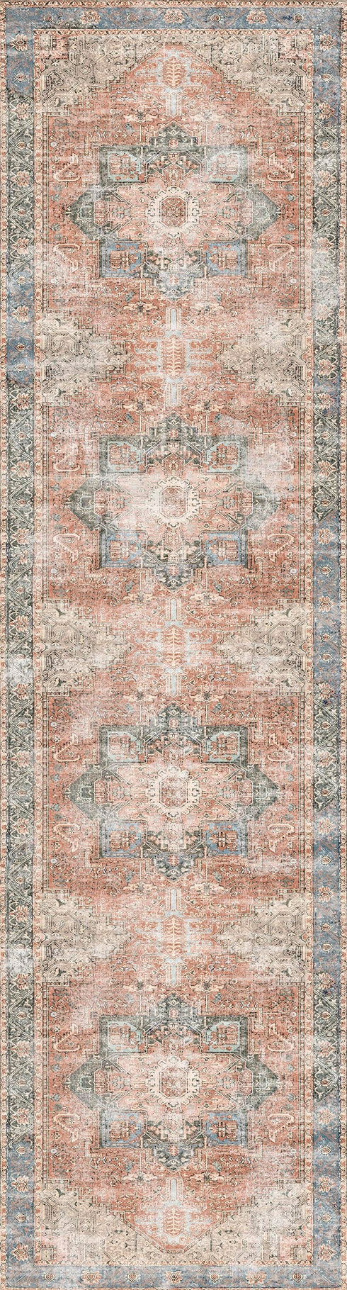 Distressed Vintage Cezanne Terracotta Blue Washable Rug